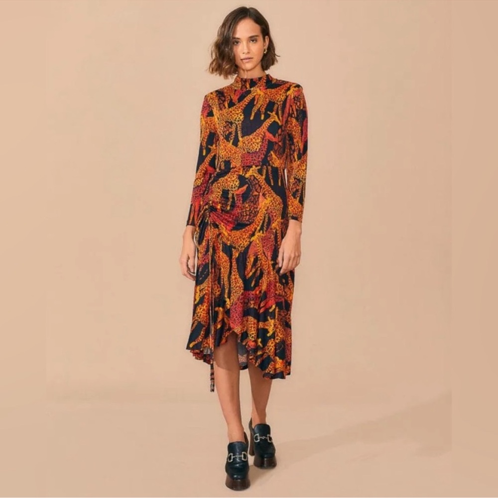 FARM RIO Black Orange Giraffes Print Size Medium Slit Midi Dress Mock Neck